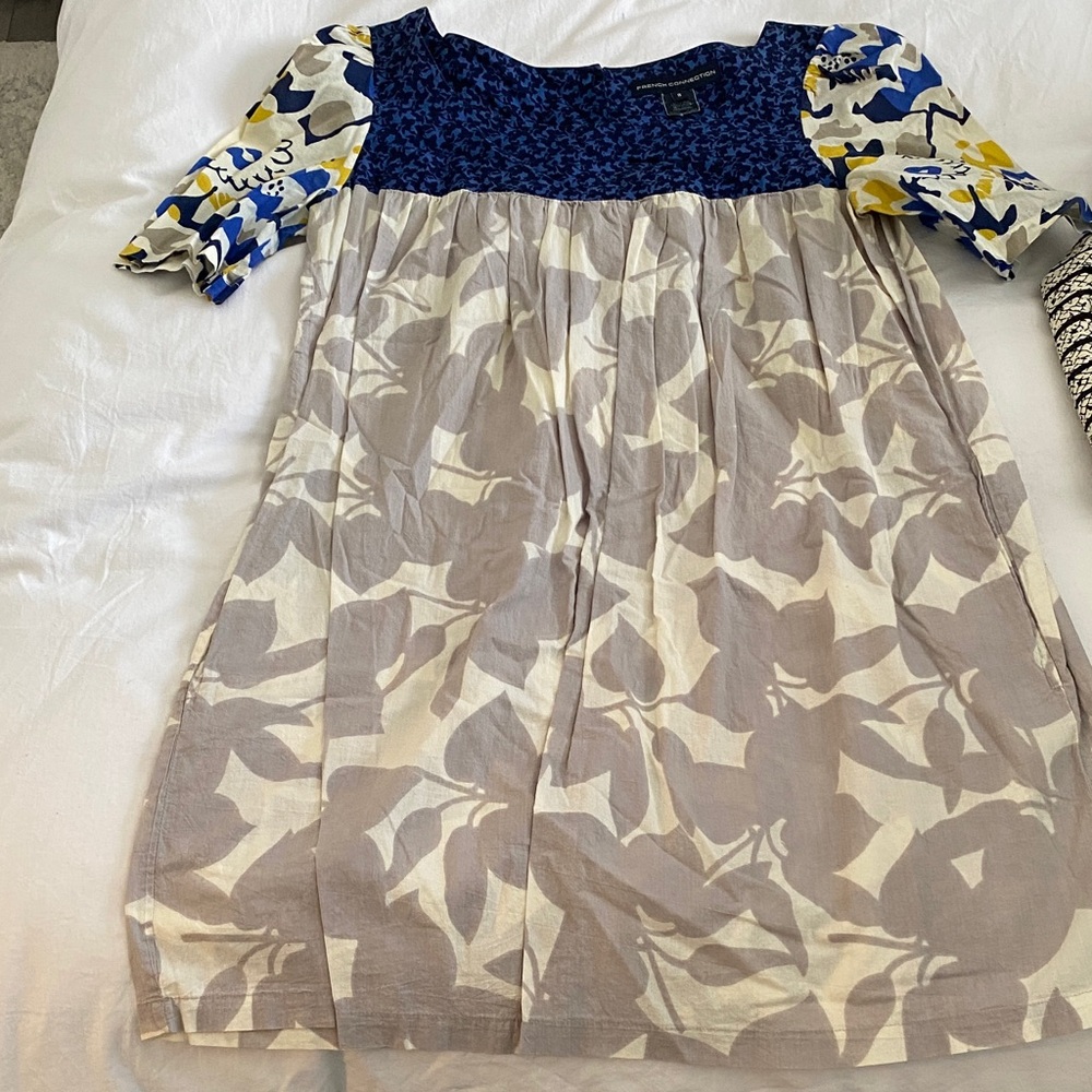 French Connection Mixed-Print Blue, Yellow & Cream Babydoll Dress